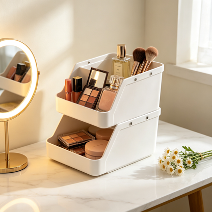 🏠 Home Organization | Stackable Plastic Storage Rack | Multi-Level Vanity Display for Modern Spaces